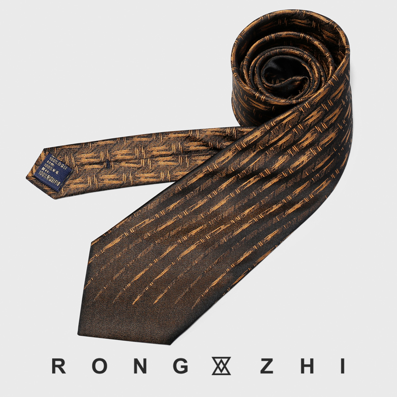 戎致色织桑蚕丝复古金色领带高端