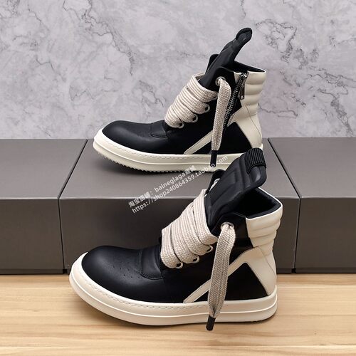 欧美潮鞋RO粗鞋带倒三角高帮休闲板鞋男小众潮鞋真皮增高短靴子女