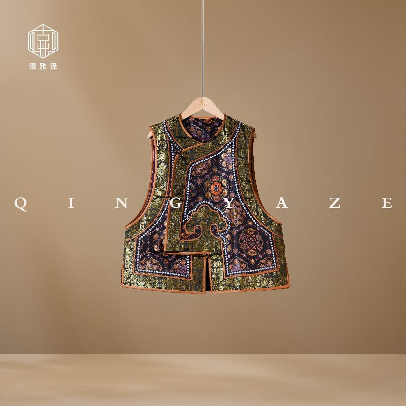 织金宋锦·气场全开！蓝宝相拼黑金新中式马甲！GZ6165