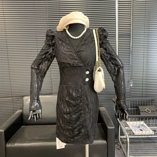 韩版 新款 纯色V领长袖 连衣裙女2023春季 蕾丝中长裙女装