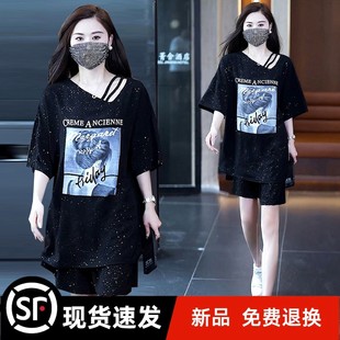 t恤 短褲 女裝 兩件套女2025年夏季 寬松休閑 亮閃閃星星短袖 官方大碼
