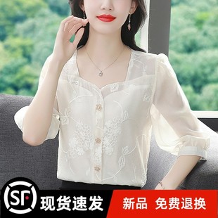 薄款 女夏季 2025新款 百搭妈妈别致 夏装 时尚 官方七分袖 方领雪纺衬衫