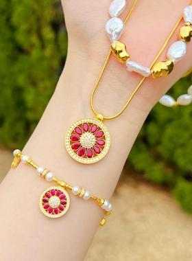 2026保色沙金太阳花玫瑰花窗锁骨链柠檬片红宝石钻石款项链吊坠女