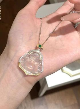 2026新中式项链镶嵌冰种白玉髓佛公吊坠媲美翡翠玛瑙玉石弥勒佛挂