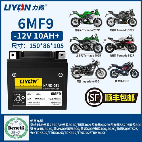 力扬电池贝纳利龙卷风252R302R蓝宝龙BN302S黄龙600752摩托车电瓶