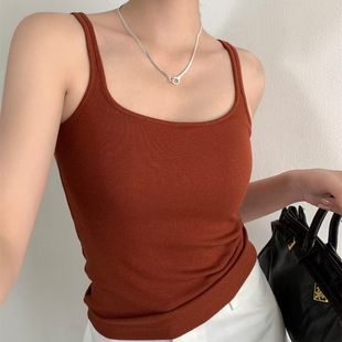 秋冬磨毛螺纹小方领红色背心吊带内衣女自带胸垫内搭一体杯打底衫