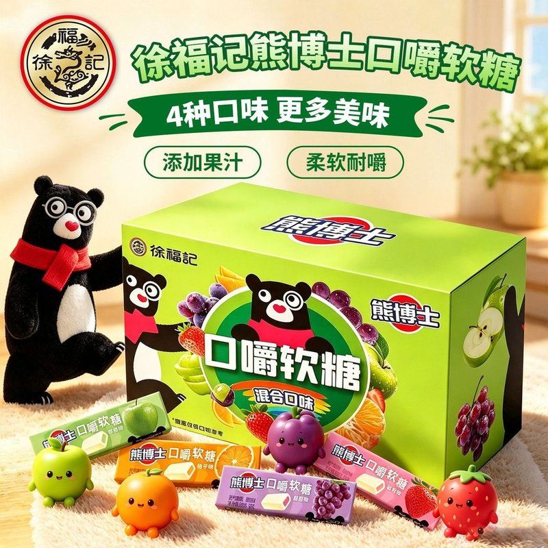 【盒装】徐福记熊博士口嚼软糖条装瑞士糖混合水果味网红零食