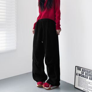 大码压褶仿羊绒阔腿裤女冬季新款胖mm大码软糯显瘦加绒加厚毛绒裤