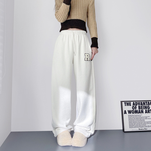 大码奶芙毛绒R字刺绣毛巾裤一裤过冬胖mm保暖加绒加厚不臃肿卫裤