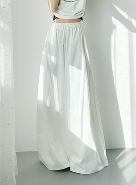 大码白色不透伞裤女夏季胖mm梨形身材大裤腿阔腿裤宽松显瘦休闲裤