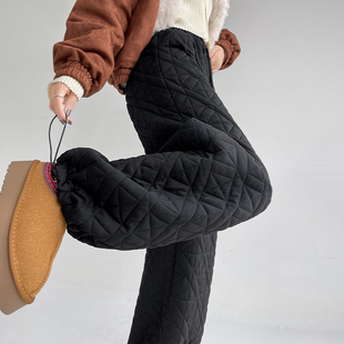 显瘦束脚卫裤 大码 加厚保暖胖mm直筒裤 女冬季 黑色菱格夹棉阔腿棉裤