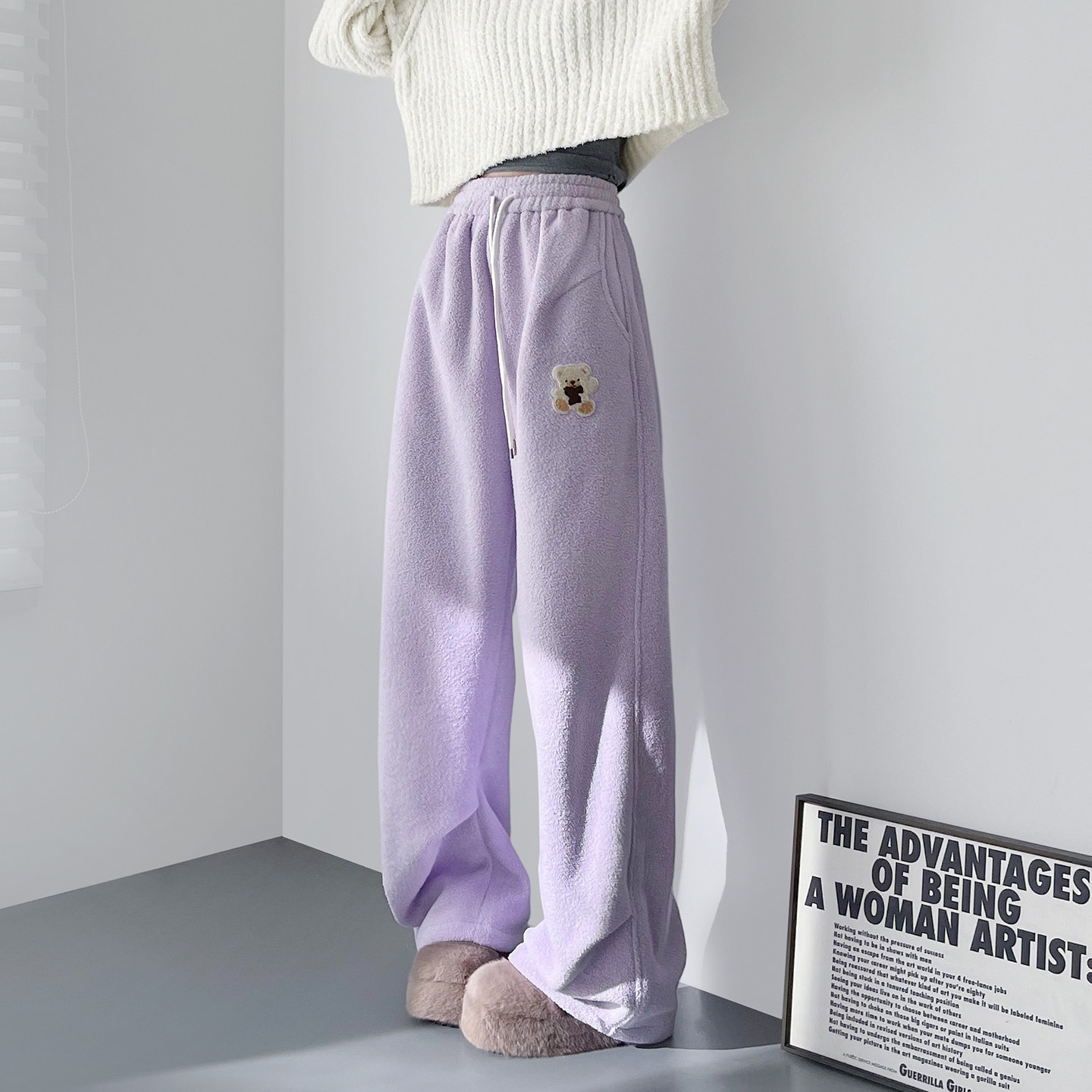 可爱刺绣小熊摇粒绒阔腿裤女冬季胖mm加绒加厚显瘦不臃肿香蕉卫裤,女装/女士精品,大码裤装,淘宝优惠券,粉丝福利购,淘宝优惠卷