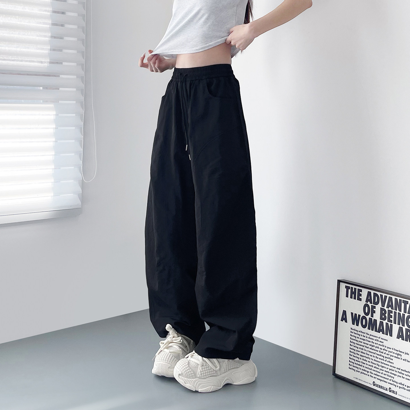 大码高腰黑色冰丝速干运动裤女夏季新款胖mm梨形身材直筒阔腿裤子