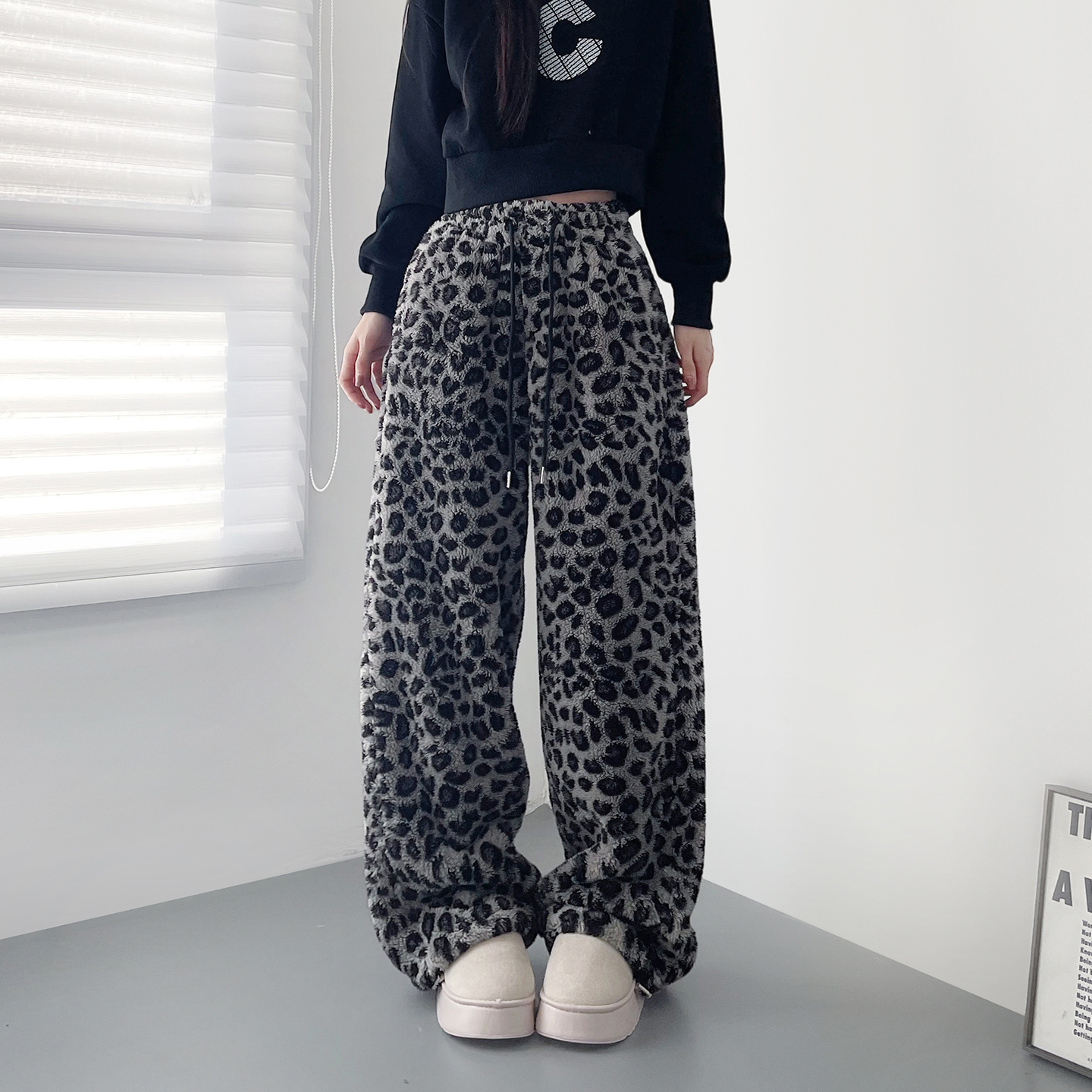 蜜略大码宽松胖MM冬季豹纹阔腿裤