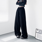新款 黑色高腰加绒阔腿裤 女大码 2025冬季 胖mm显瘦遮肉垂感休闲卫裤