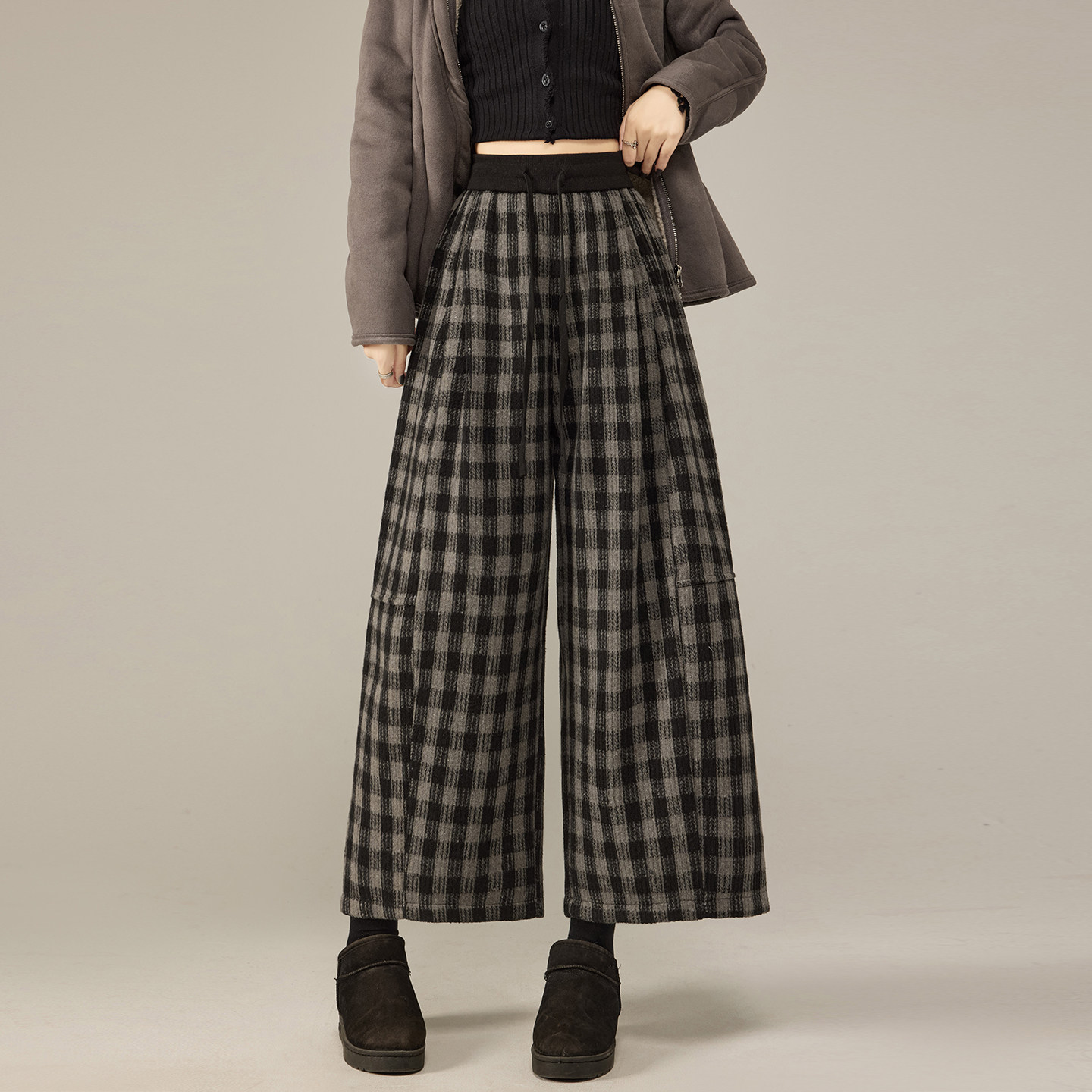 复古格子加绒加厚保暖阔腿裤女冬季大码胖mm显瘦直筒慵懒风八分裤,女装/女士精品,大码裤装,淘宝优惠券,粉丝福利购,淘宝优惠卷