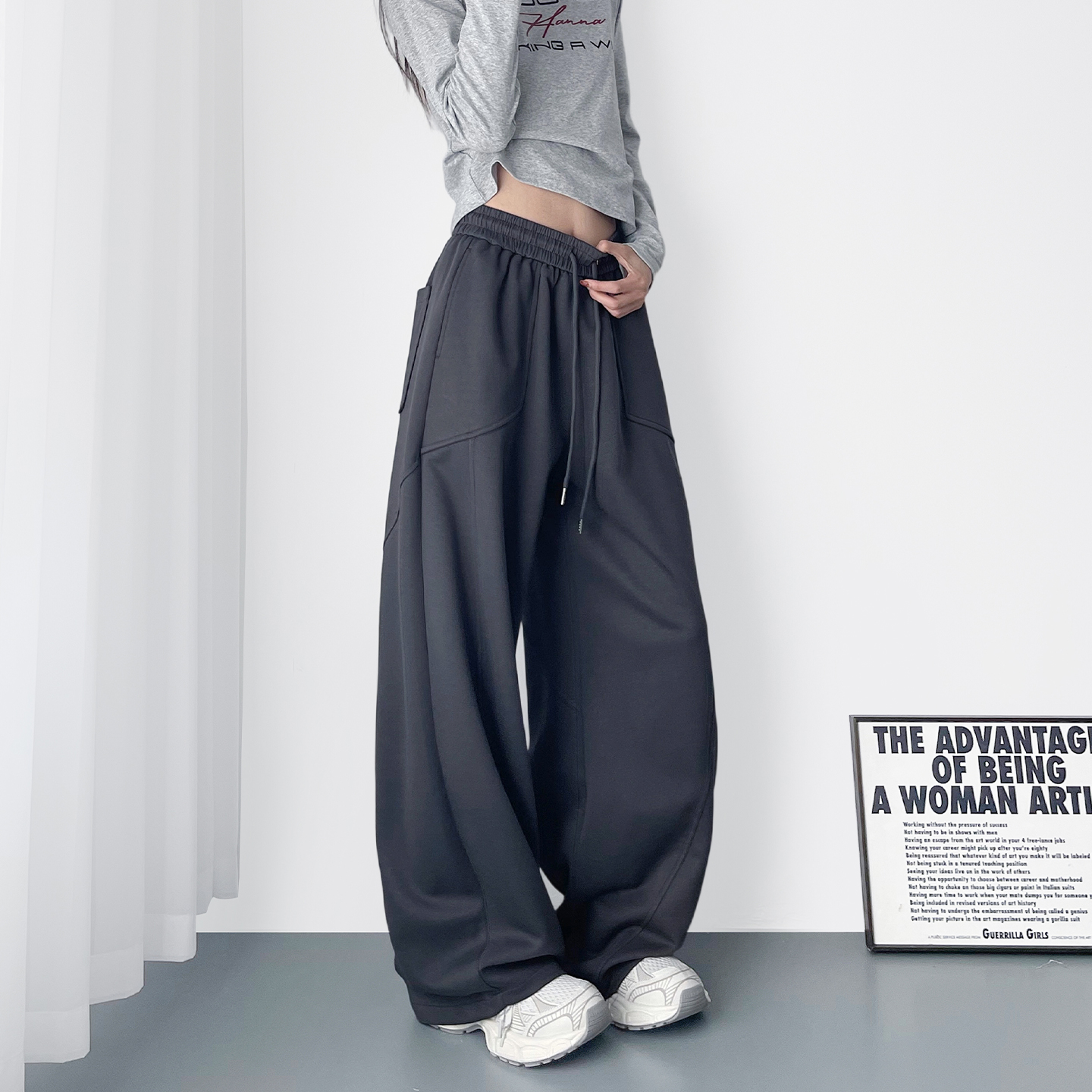 蜜略大码宽松胖MM秋季纯色阔腿裤