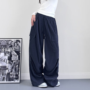 高腰抽绳宽松休闲裤 大码 女初春胖mm穿搭收腹遮肉阔腿裤 裤 垂感工装