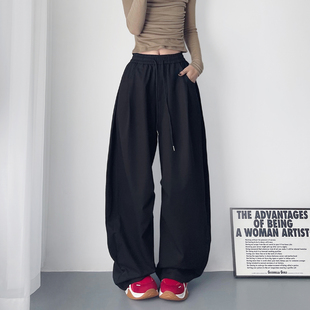 大裤腿宽松压褶阔腿裤女春季新款胖mm显瘦高腰跳舞运动弯刀长裤子