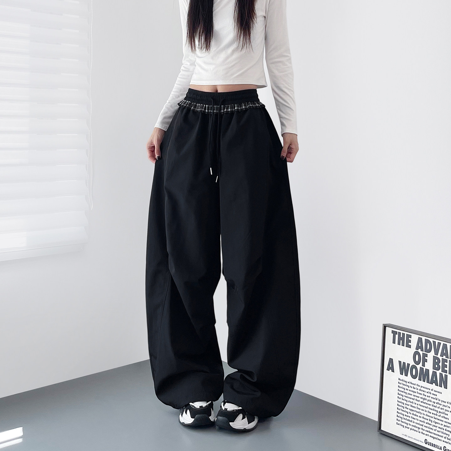 大码高腰格子拼接设计感阔腿裤子女春季胖mm显瘦宽松褶皱弯刀裤子,女装/女士精品,大码裤装,淘宝优惠券,粉丝福利购,淘宝优惠卷