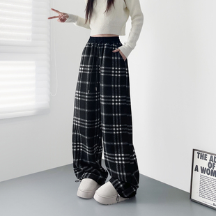 复古设计感格子阔腿裤女冬季新款大码胖mm双面呢加厚保暖香蕉裤子