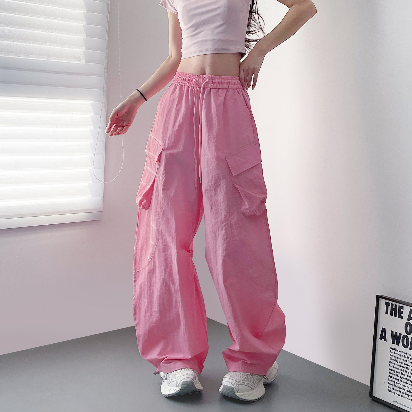 大码粉色多巴冰丝速干阔腿裤女2026夏季新款高腰运动弯刀遛弯裤子