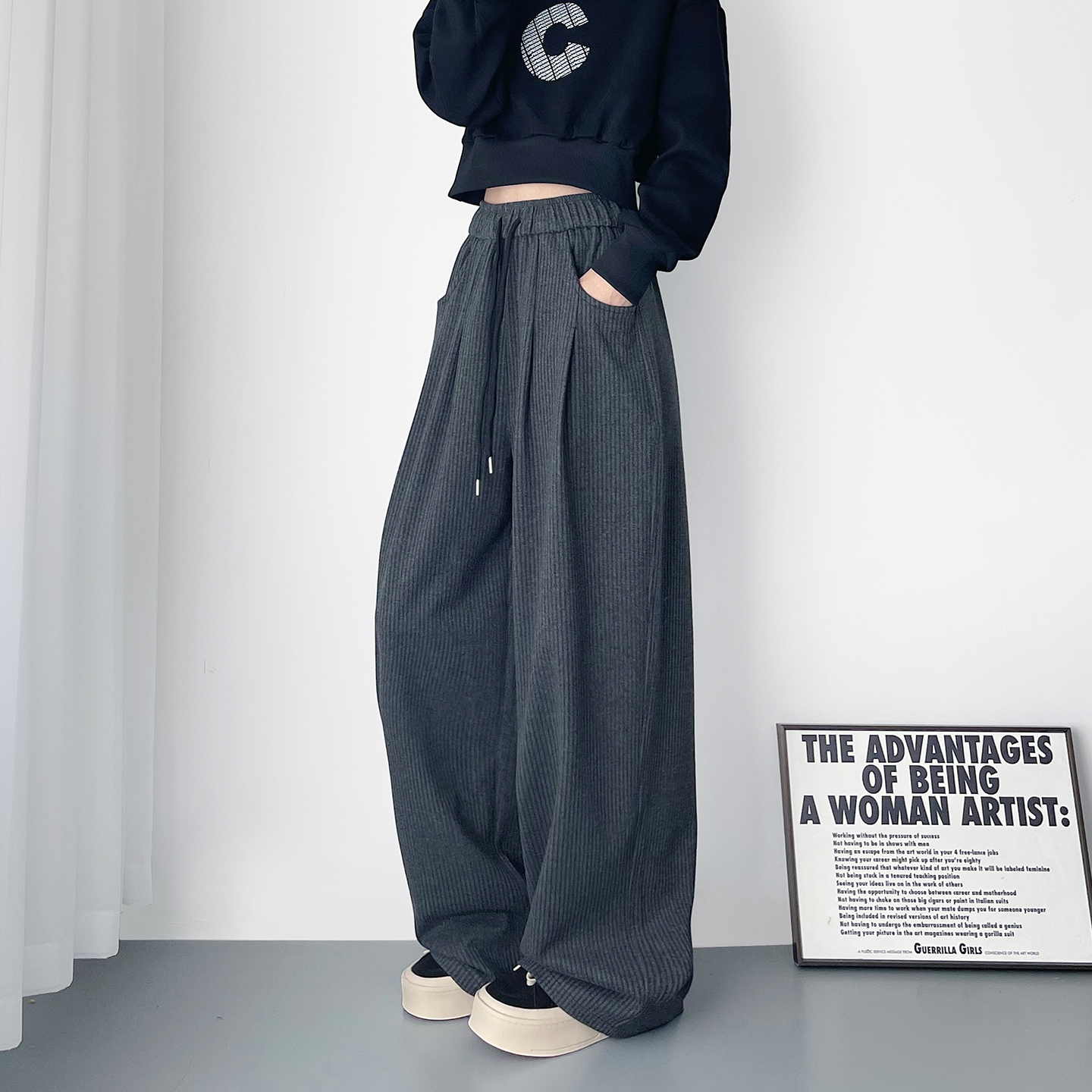 蜜略大码显瘦条纹阔腿裤梨形身材