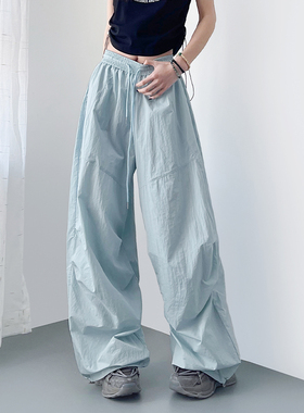 夏日轻薄多巴胺工装裤女胖mm宽松大码防晒酷飒风运动裤冰丝速干裤