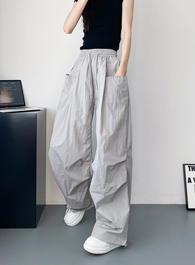 灰色工装阔腿裤女夏季大码胖mm宽松显瘦冰丝速干休闲裤运动直筒裤