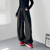 女冬季 个性 胖mm显瘦大码 慵懒风加厚保暖格子阔腿裤 裤 装 酷飒香蕉裤