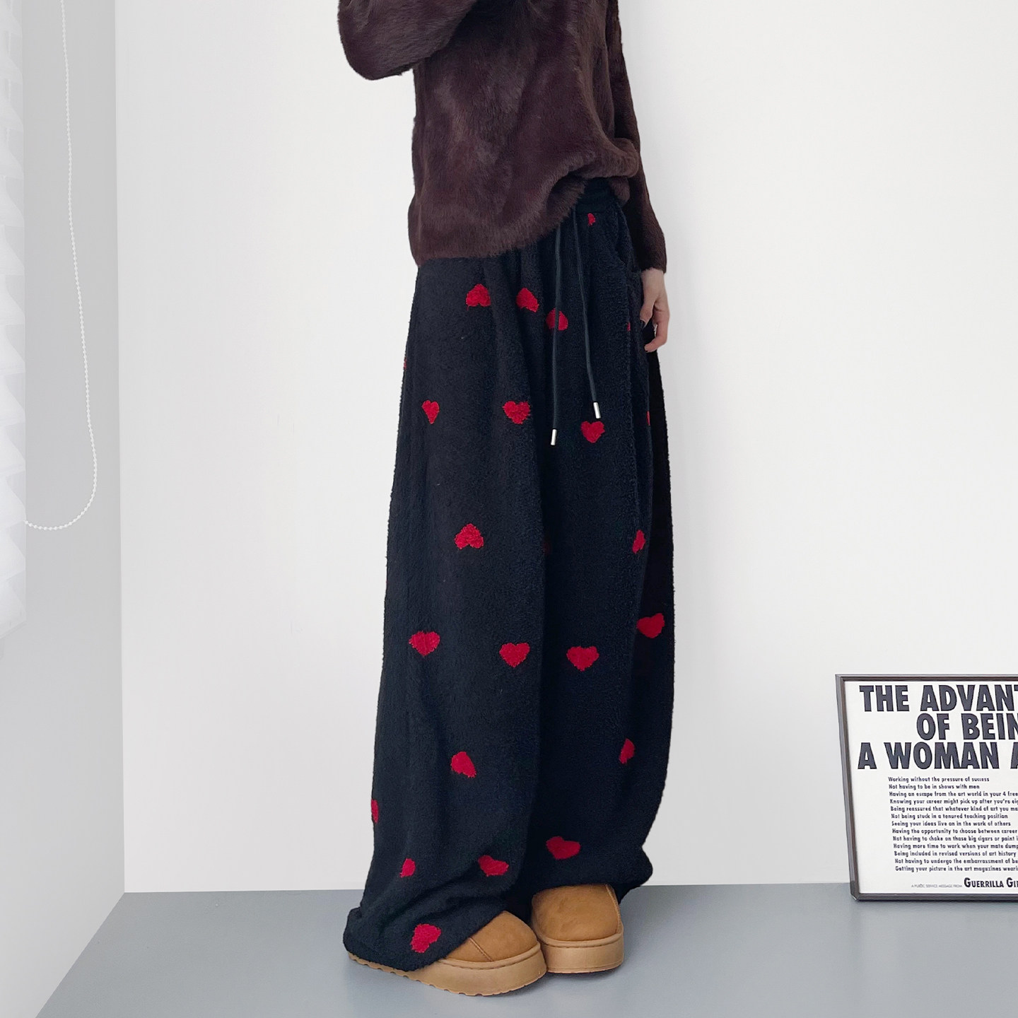 冬季加绒加厚保暖毛毛裤女大码胖mm软糯慵懒风爱心印花显瘦阔腿裤,女装/女士精品,大码裤装,淘宝优惠券,粉丝福利购,淘宝优惠卷