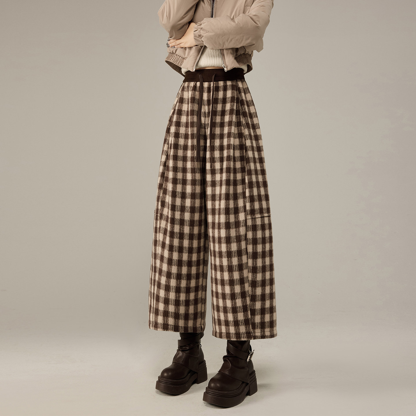 大码咖色毛呢加绒加厚格子阔腿裤女冬季大码胖mm显瘦保暖八分裤子,女装/女士精品,大码裤装,淘宝优惠券,粉丝福利购,淘宝优惠卷