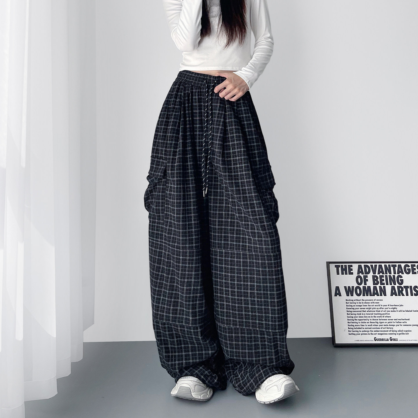 大码格子大口袋工装裤女春季新款胖mm慵懒风垂感运动显瘦阔腿裤子,女装/女士精品,大码裤装,淘宝优惠券,粉丝福利购,淘宝优惠卷