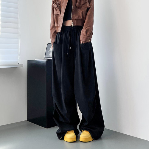 蜜略大码显瘦宽松拖地抽绳阔腿裤