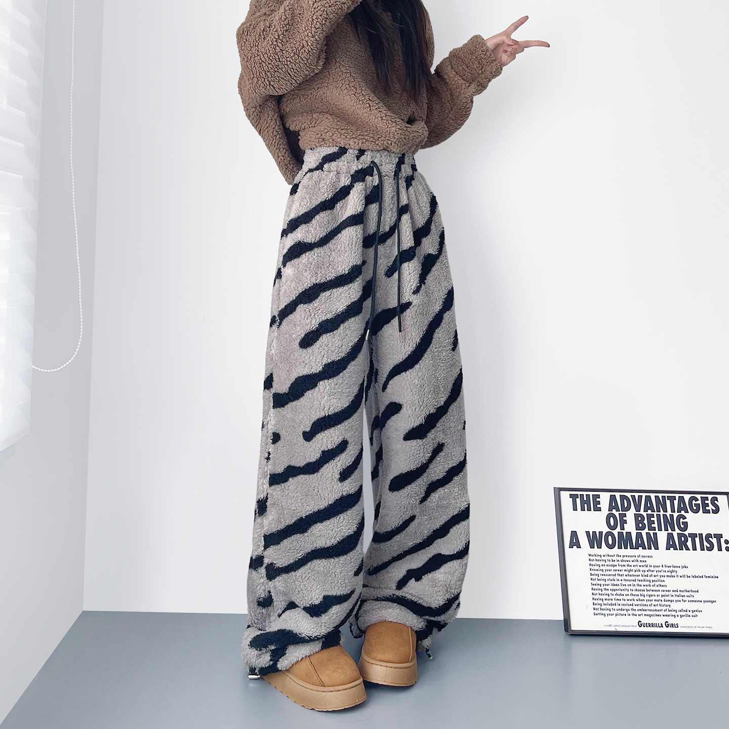 蜜略大码宽松胖MM冬季斑马纹卫裤