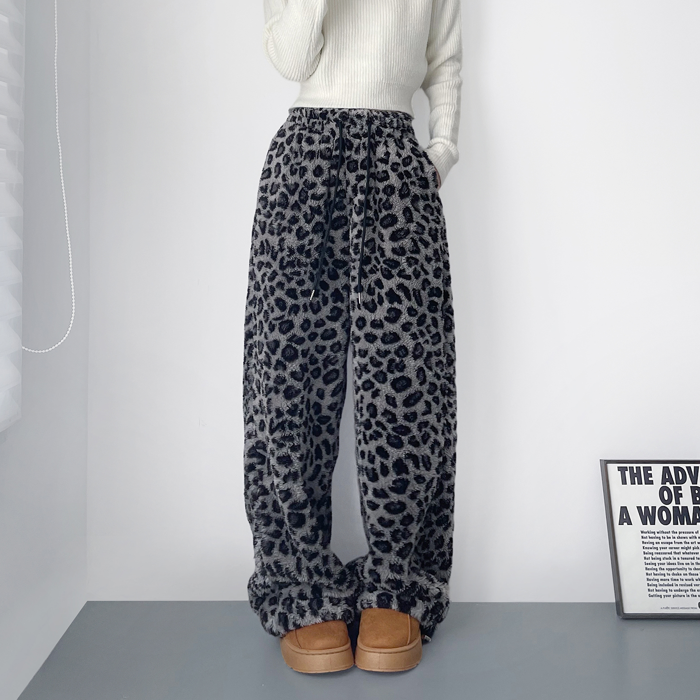蜜略大码宽松胖MM冬季豹纹阔腿裤
