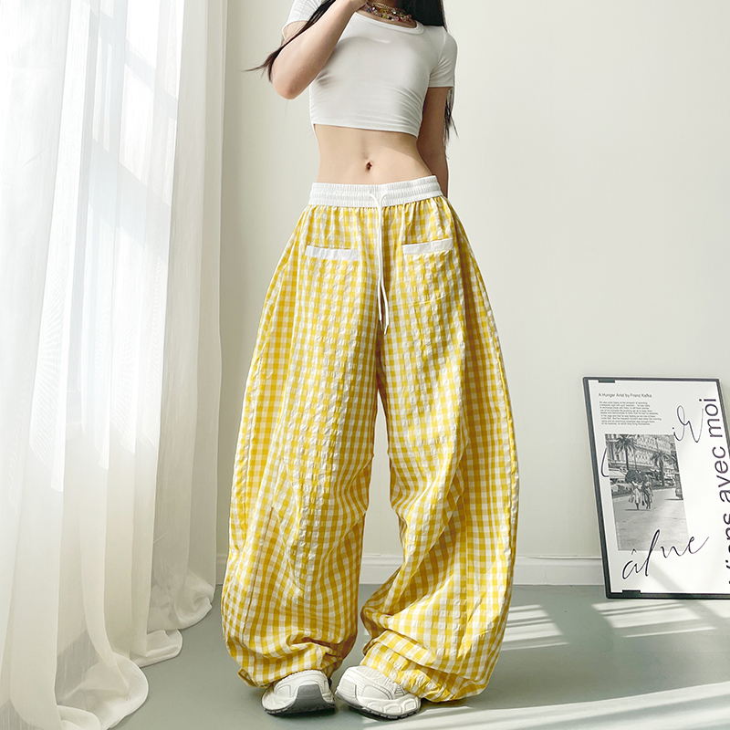 大码胖mm拼接格子阔腿裤夏季新品