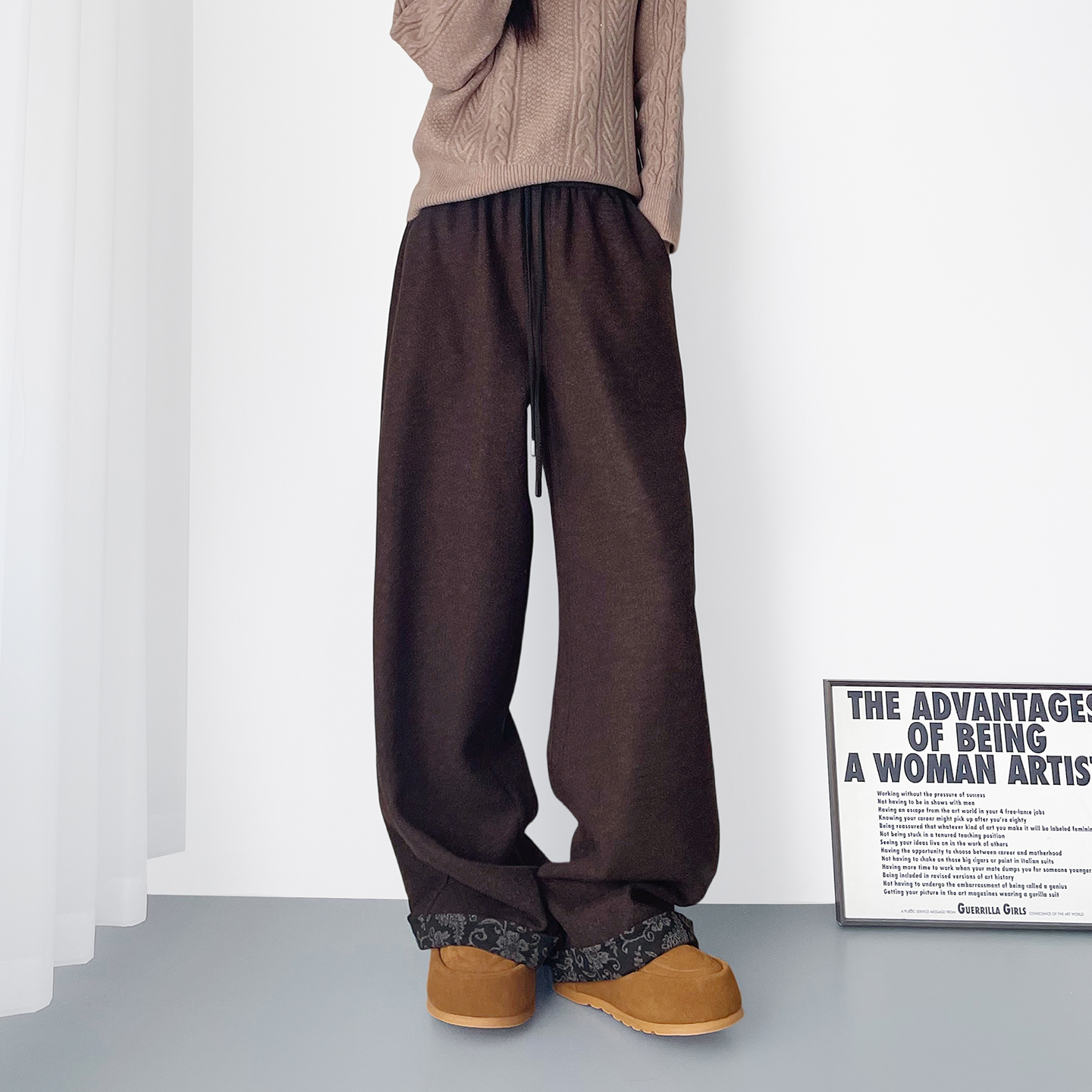 蜜略大码宽松胖MM冬季纯色阔腿裤