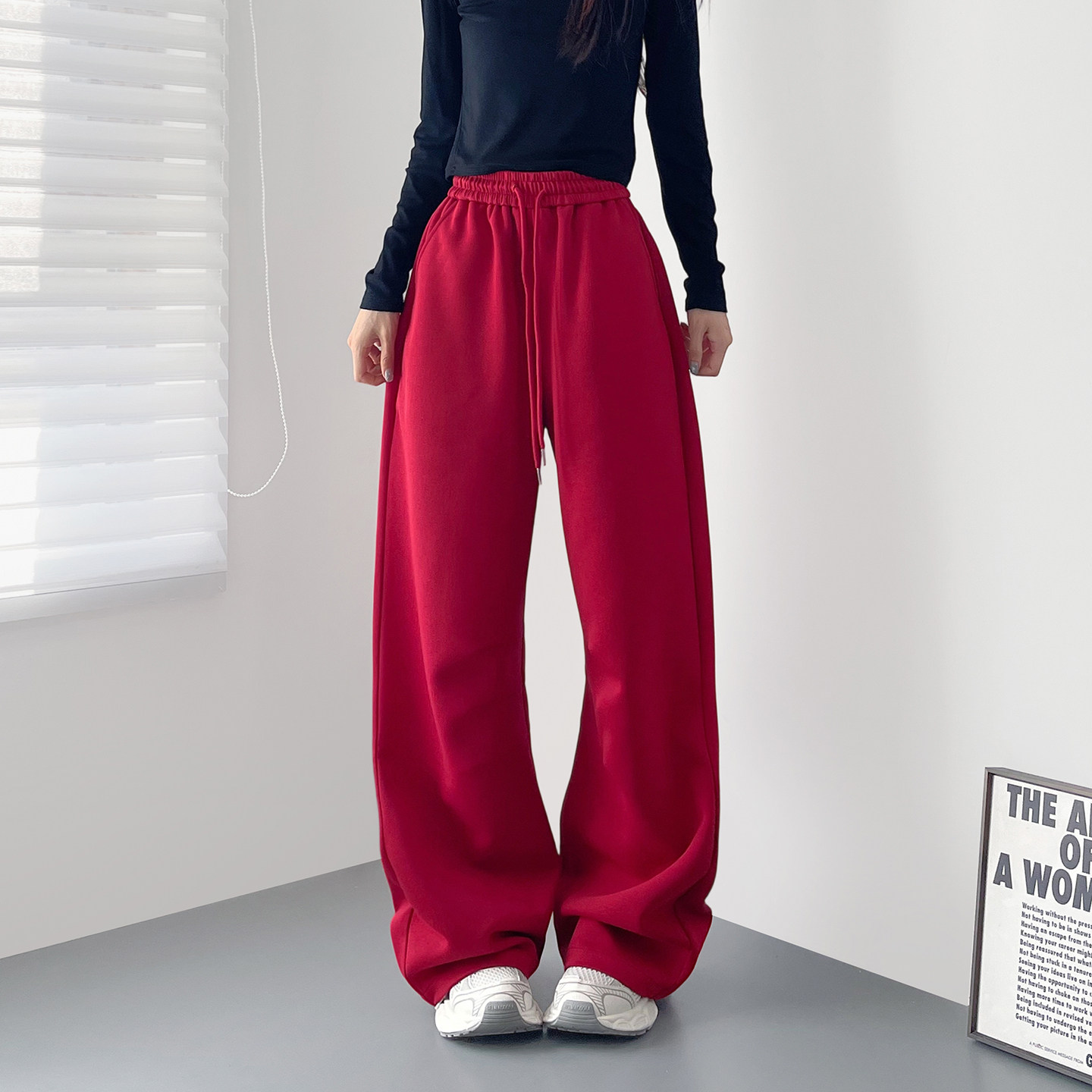 高腰红色运动阔腿裤女2026春季新款大码胖mm显瘦酷飒拽姐宽松卫裤,女装/女士精品,大码裤装,淘宝优惠券,粉丝福利购,淘宝优惠卷