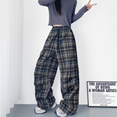 阔腿蓝色格子裤 2025爆款 胖mm酷飒褶皱复古大码 工装 休闲裤 子女秋季