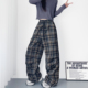 阔腿蓝色格子裤 2025爆款 胖mm酷飒褶皱复古大码 工装 休闲裤 子女秋季