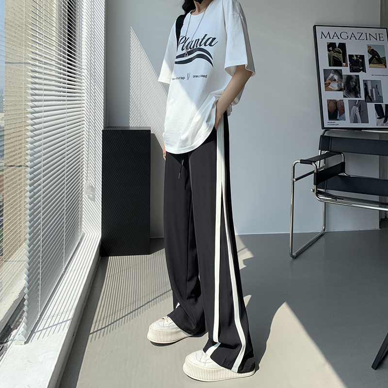 冰丝运动裤女夏薄款大码宽松胖mm高腰显瘦条纹防晒雪纺直筒阔腿裤