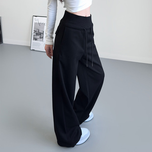 高腰显瘦休闲裤 宽松收腹运动裤 女春季 胖mm垂感拖地阔腿裤 新款 大码