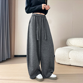 浅灰色加绒保暖阔腿裤 女胖mm冬季 加厚运动裤 大码 不臃肿香蕉运动裤