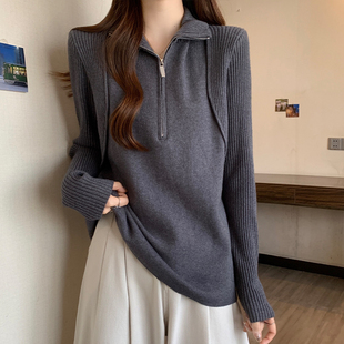 半拉链针织毛衣女冬季 新款 大码 高领正肩上衣胖mm宽松显瘦打底衫