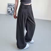 带拖地裤 高腰垂感休闲裤 胖mm宽松显瘦遮肉阔腿裤 收腰裤 女春季 大码