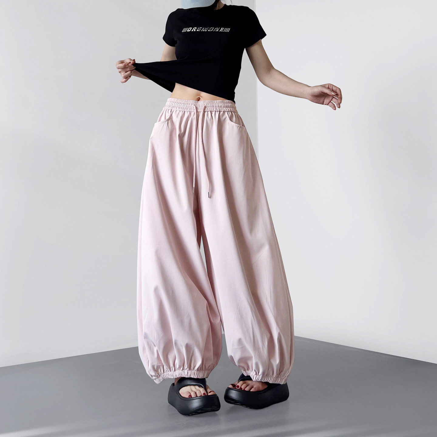 大码粉色大裤腿工装裤女2026夏季新款胖mm高腰显瘦宽松气球阔腿裤