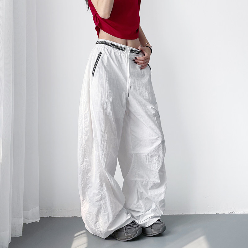 白色不透腰部格子拼接阔腿裤女夏季大码胖mm冰丝速干设计感运动裤,女装/女士精品,大码裤装,淘宝优惠券,粉丝福利购,淘宝优惠卷