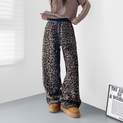 蜜略大码宽松胖MM冬季豹纹阔腿裤