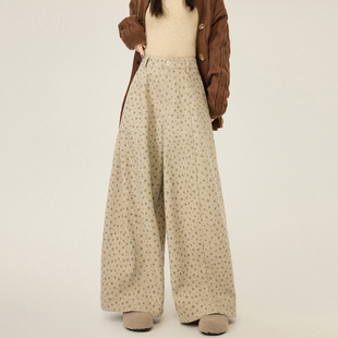 裤 大码 梨型身材胖mm高腰森系慵懒风拖地西装 显瘦小碎花阔腿裤 春季